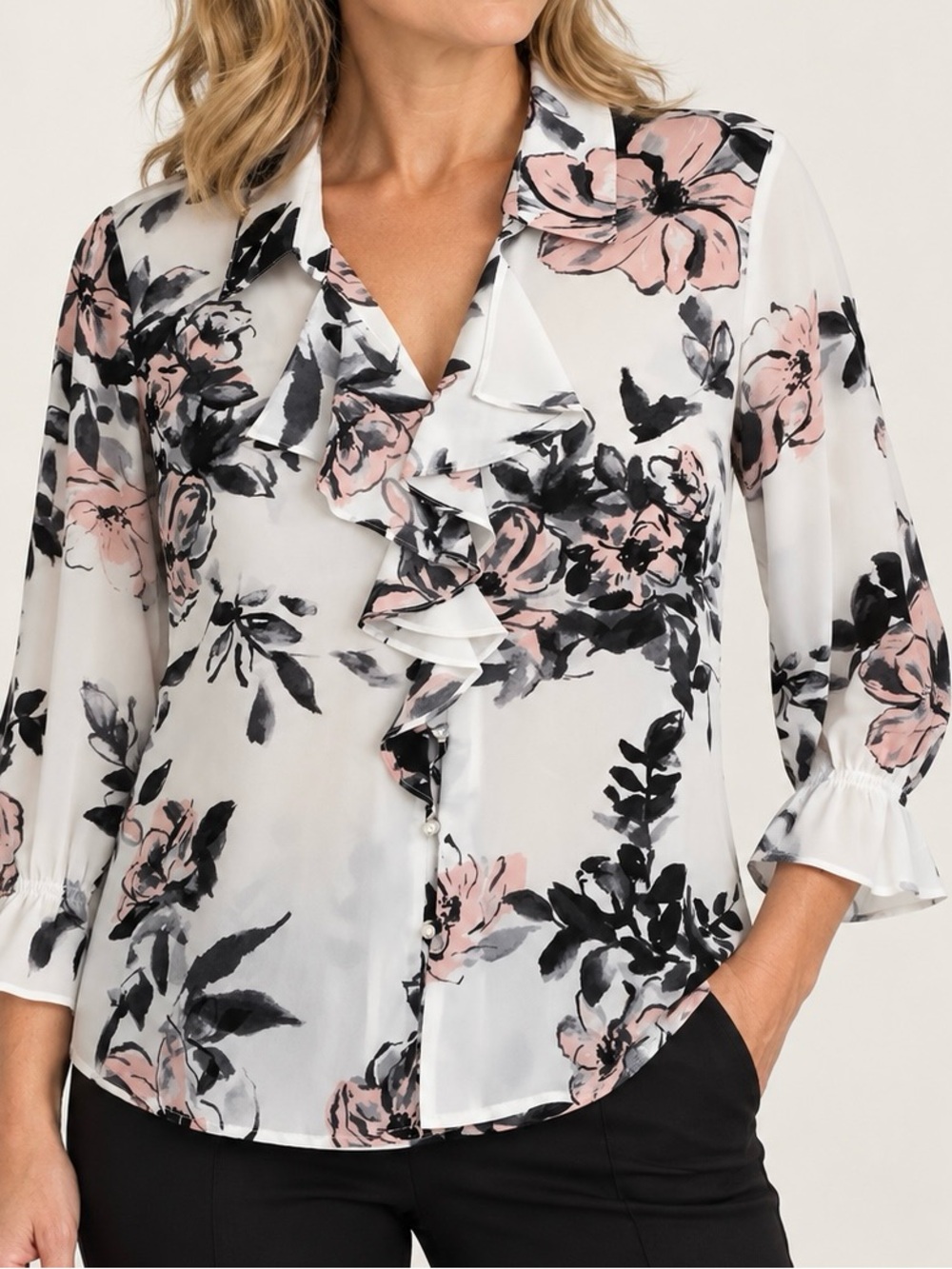 KARL LAGERFELD PARIS FLORAL RUFFLE BLOUSE NWT SIZE L